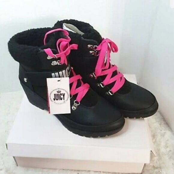 11 NIB juicy couture halstin wedge boot/sneaker neon hot pink & black kawaii - Picture 2 of 11